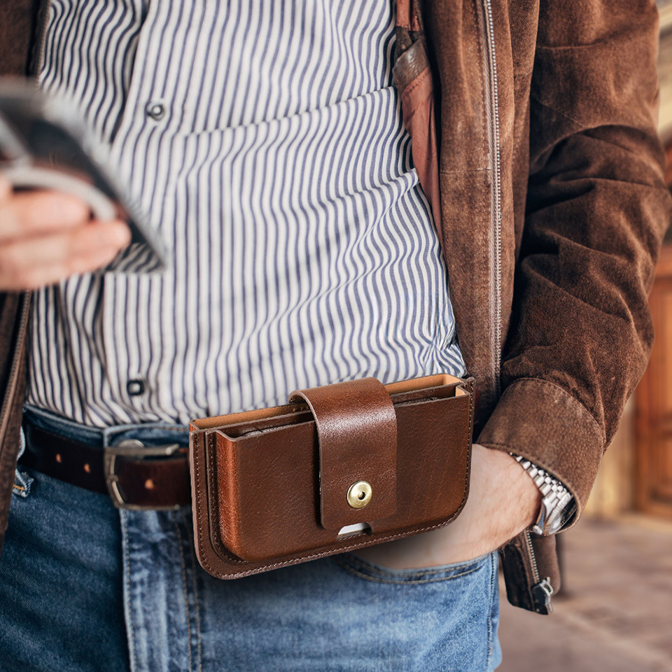 Dual-Pocket Leather Belt Bag for iPhone 16 & Android - 6.1"-6.9" Waist Pack