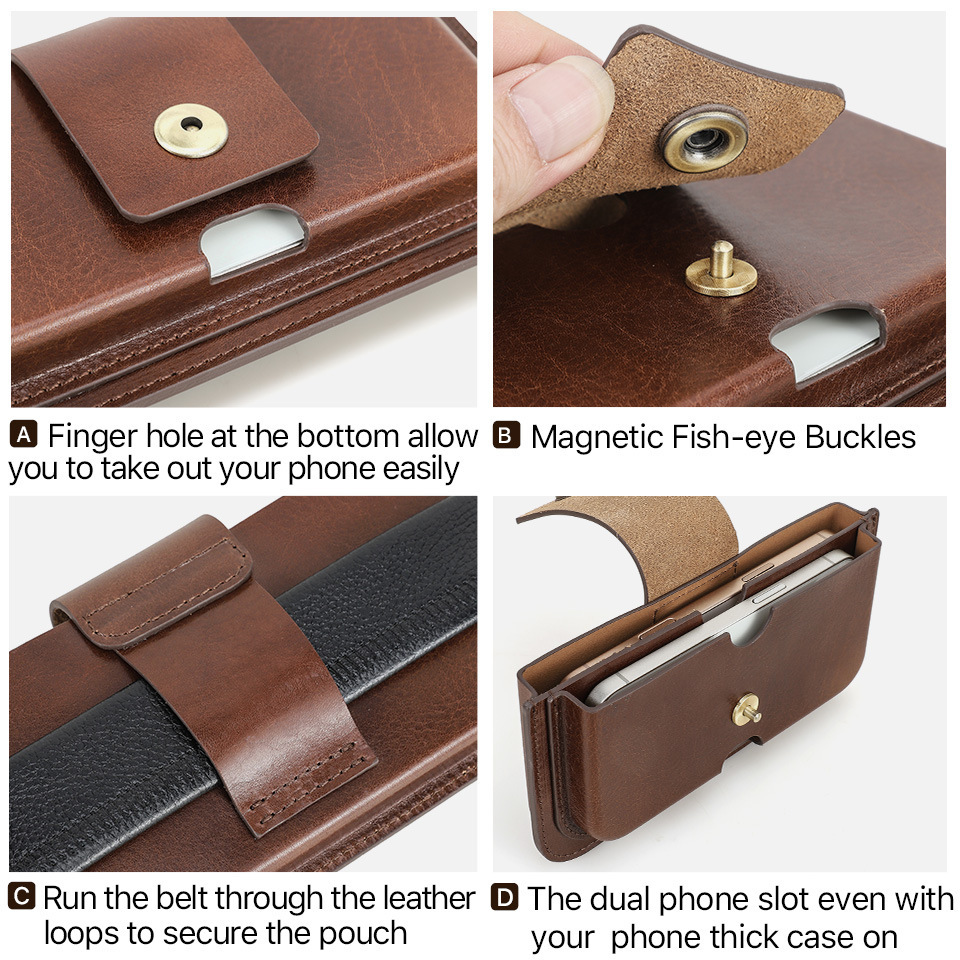 Dual-Pocket Leather Belt Bag for iPhone 16 & Android - 6.1"-6.9" Waist Pack