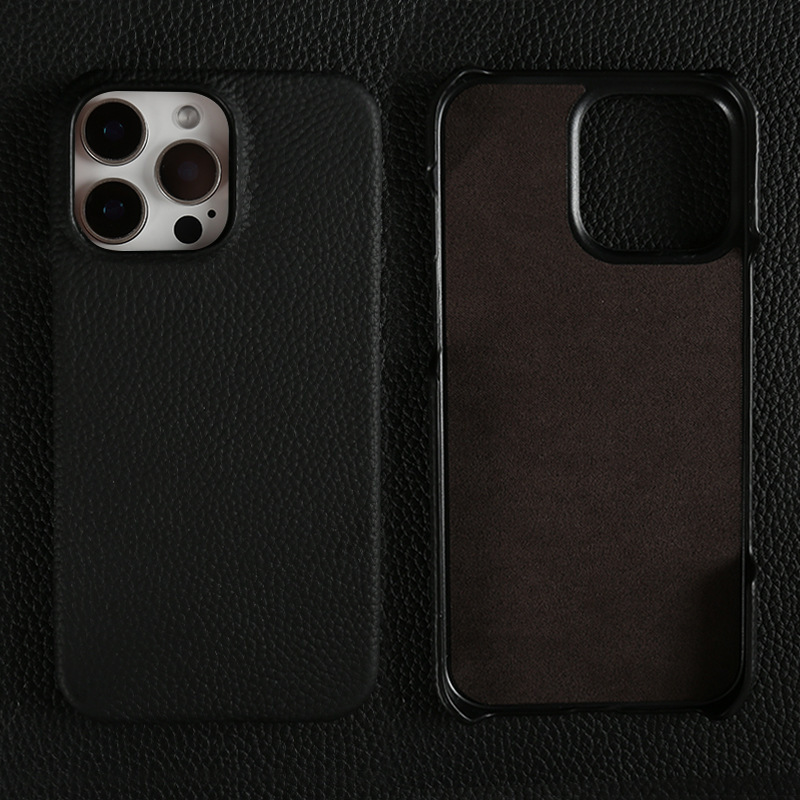 Premium Full Grain Leather iPhone Case for iPhone 16 Pro/15 Pro Max - Slim 0.07mm Black Leather Phone Cover with Raised Camera Guard