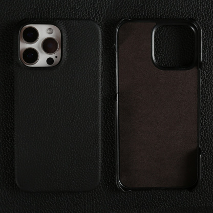 Premium Full Grain Leather iPhone Case for iPhone 16 Pro/15 Pro Max - Slim 0.07mm Black Leather Phone Cover with Raised Camera Guard