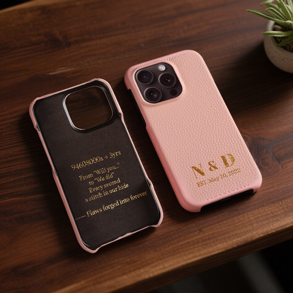 Custom Engraved Leather iPhone Cases - Personalized 3rd Anniversary Gifts with Name & Date, Premium Full-Grain Leather, Anti-Scratch & Shockproof (iPhone 16/15/14/13 Series)