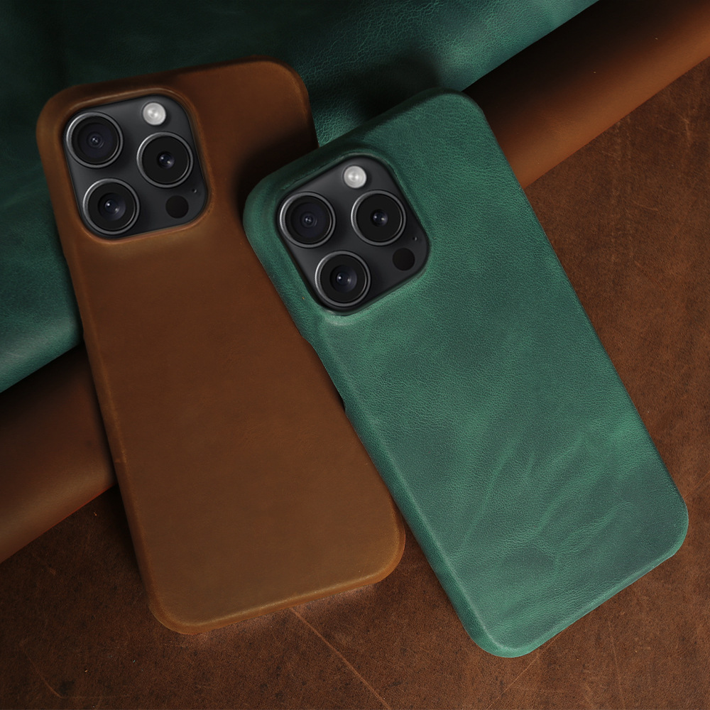 Green Genuine Leather iPhone Case - Handmade Crazy Horse Texture for iPhone 15 Pro/16 Pro | Anti-Scratch & Velvet Lining