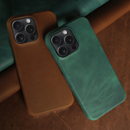 Green Genuine Leather iPhone Case - Handmade Crazy Horse Texture for iPhone 15 Pro/16 Pro | Anti-Scratch & Velvet Lining