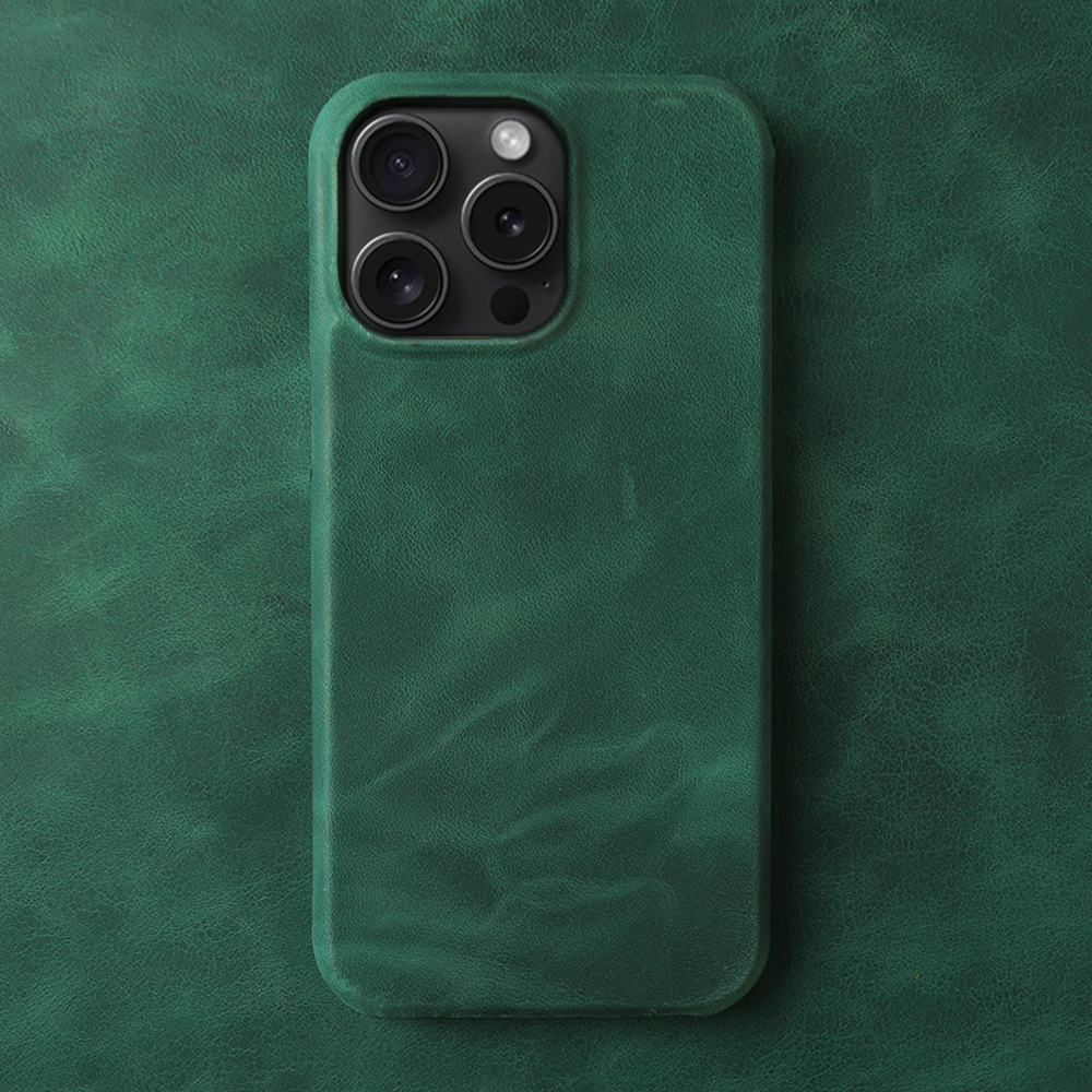 Green Genuine Leather iPhone Case - Handmade Crazy Horse Texture for iPhone 15 Pro/16 Pro | Anti-Scratch & Velvet Lining
