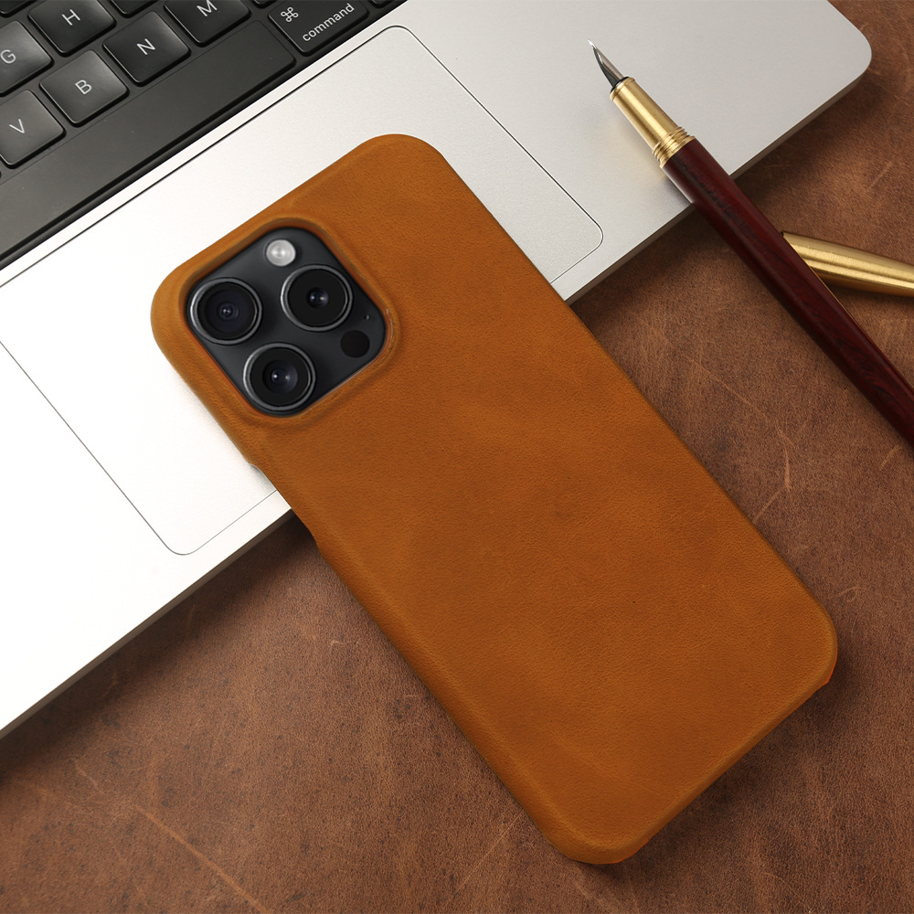 Reddish Brown Genuine Leather iPhone Case - Handmade Crazy Horse Texture for iPhone 16 Pro Max/15 Pro Max | Anti-Drop & Anti-Fingerprint