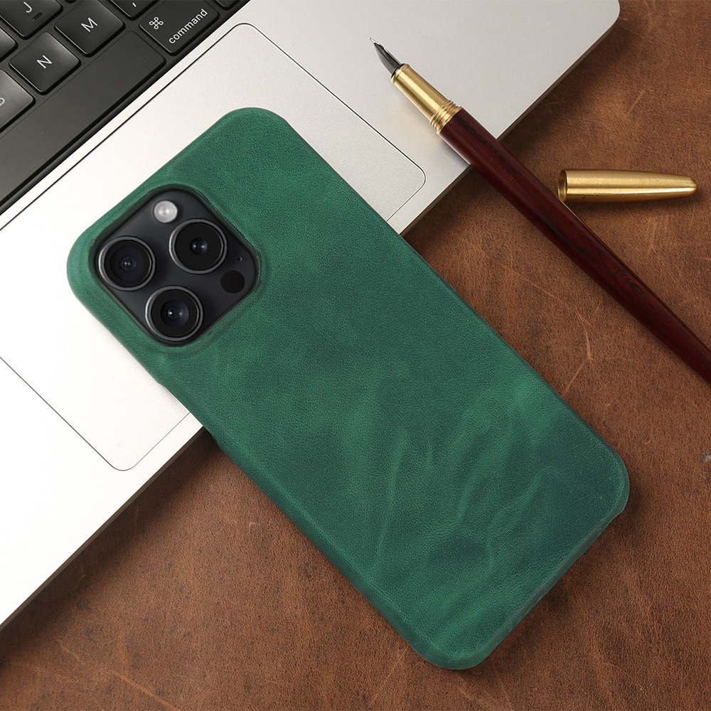 Green Genuine Leather iPhone Case - Handmade Crazy Horse Texture for iPhone 15 Pro/16 Pro | Anti-Scratch & Velvet Lining