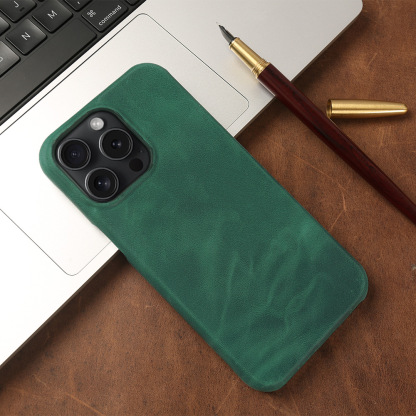 Green Genuine Leather iPhone Case - Handmade Crazy Horse Texture for iPhone 15 Pro/16 Pro | Anti-Scratch & Velvet Lining