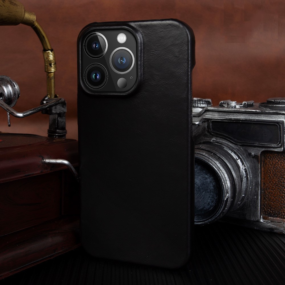 Handmade Full Grain Leather iPhone Case for iPhone 16 Pro/15 Pro Max - Anti-Fingerprint Black Luxury Cover with Plush Lining