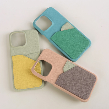 Pink Full Grain Leather iPhone Case with Card Slot - Anti-Fingerprint Cover for iPhone 14 Pro Max/16 Pro