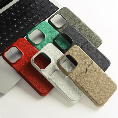 Grey Full Grain Leather iPhone Case with Card Holder - Shockproof for iPhone 16 Pro Max/15 Pro Max | Anti-Fingerprint