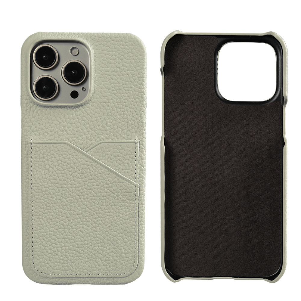 Grey Full Grain Leather iPhone Case with Card Holder - Shockproof for iPhone 16 Pro Max/15 Pro Max | Anti-Fingerprint