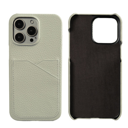 Grey Full Grain Leather iPhone Case with Card Holder - Shockproof for iPhone 16 Pro Max/15 Pro Max | Anti-Fingerprint