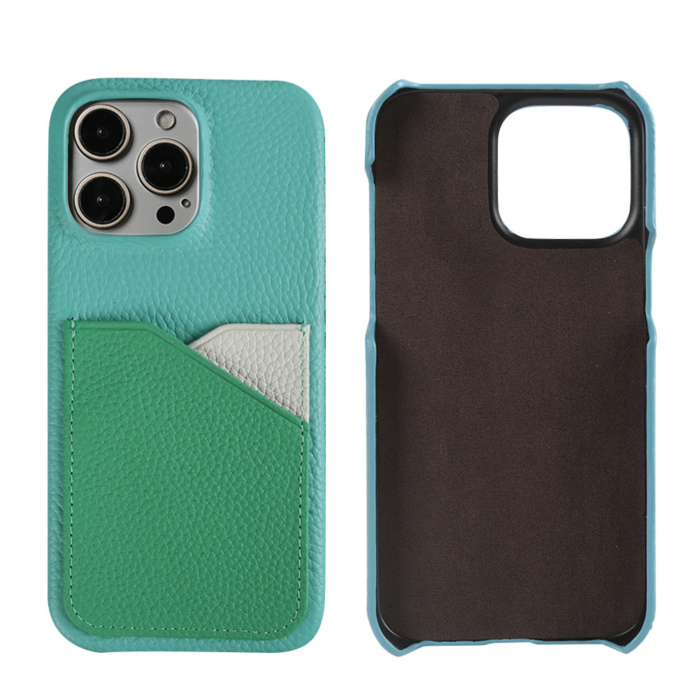 Blue Full Grain Leather iPhone Case with Card Slot - Luxury Shockproof Cover for iPhone 15 Pro/16 Pro Max