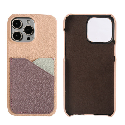 Pink Full Grain Leather iPhone Case with Card Slot - Anti-Fingerprint Cover for iPhone 14 Pro Max/16 Pro