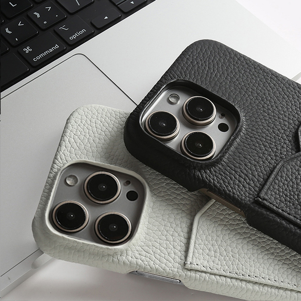 Grey Full Grain Leather iPhone Case with Card Holder - Shockproof for iPhone 16 Pro Max/15 Pro Max | Anti-Fingerprint