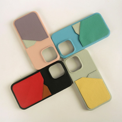 Pink Full Grain Leather iPhone Case with Card Slot - Anti-Fingerprint Cover for iPhone 14 Pro Max/16 Pro