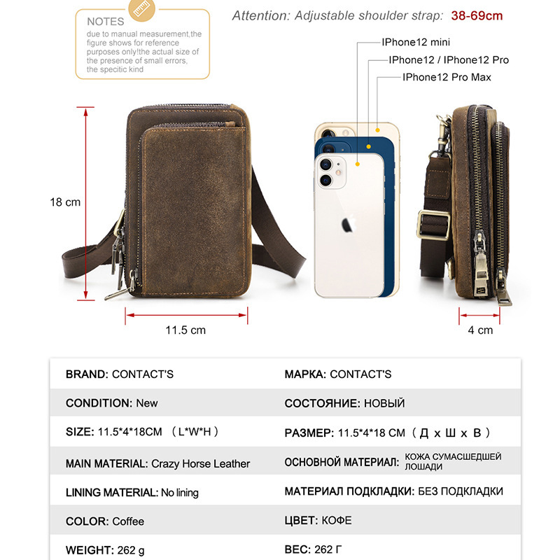 Vintage Crossbody Leather Belt Bag - 6.7" Phone Messenger Bag