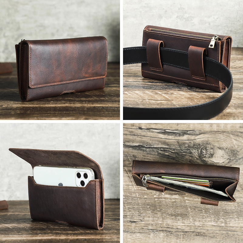 Slim Leather Belt Bag for 6.7" Phones - Brown Waist Pack with Card Slots