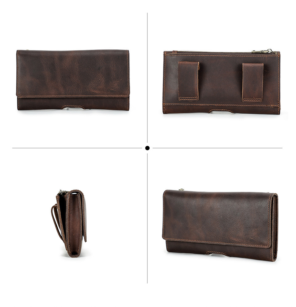 Slim Leather Belt Bag for 6.7" Phones - Brown Waist Pack with Card Slots