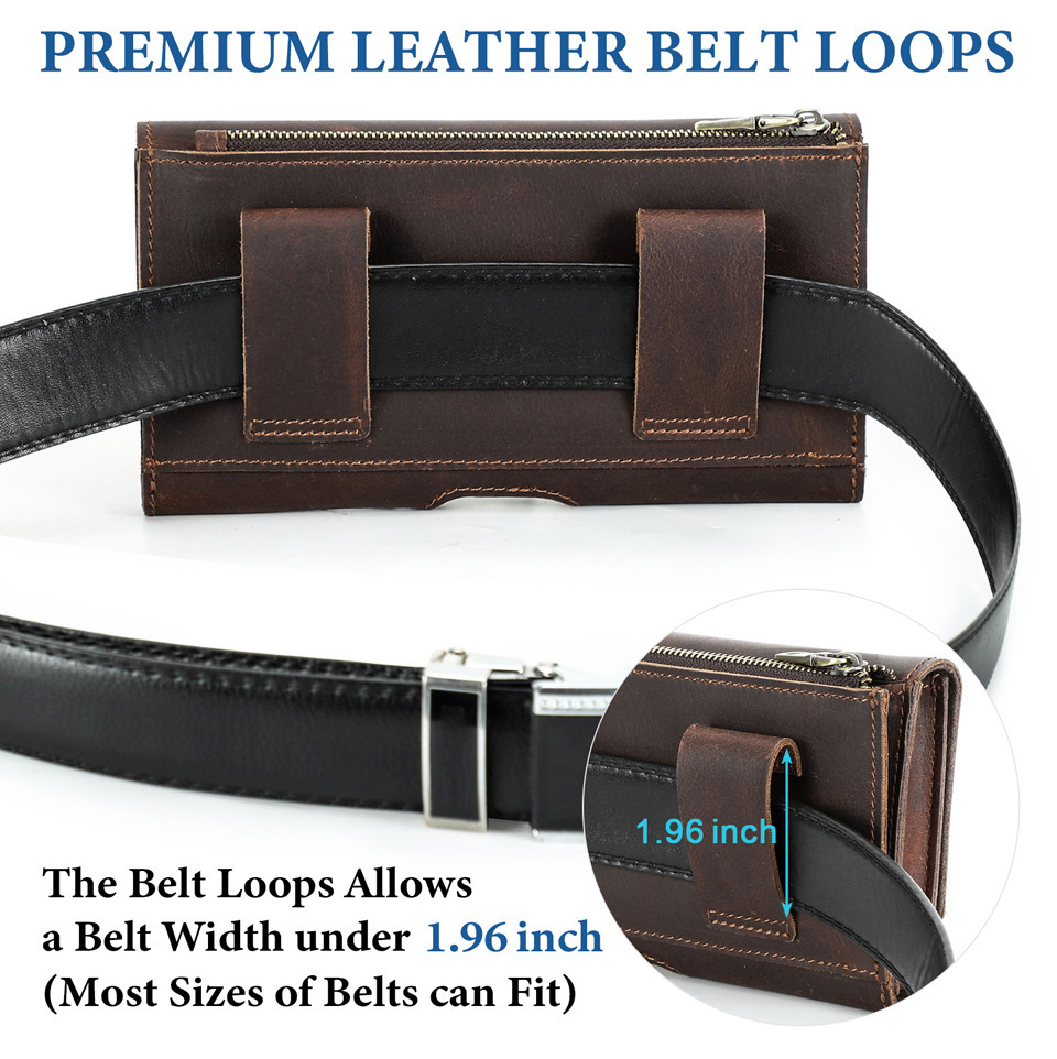 Slim Leather Belt Bag for 6.7" Phones - Brown Waist Pack with Card Slots
