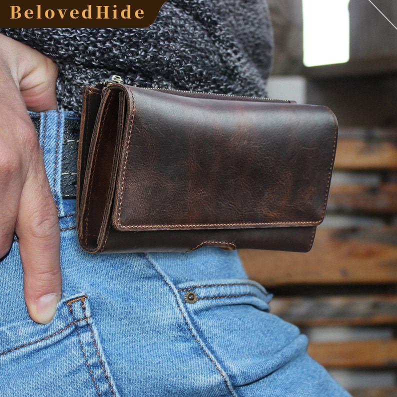 Slim Leather Belt Bag for 6.7" Phones - Brown Waist Pack with Card Slots
