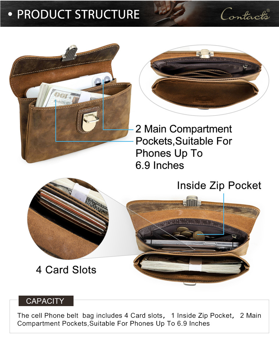 Leather Flip-Top Belt Bag for 6.9" Phones - Vintage Waist Pack