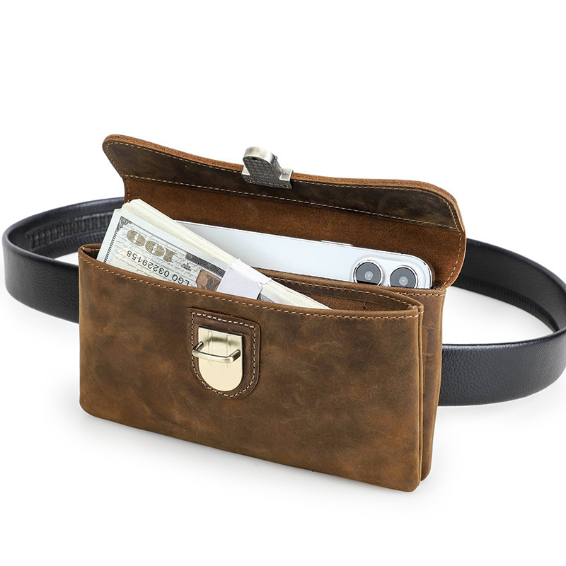 Leather Flip-Top Belt Bag for 6.9" Phones - Vintage Waist Pack