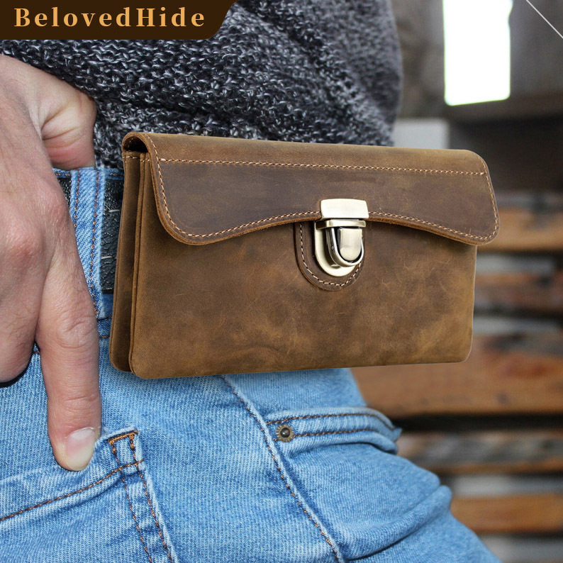 Leather Flip-Top Belt Bag for 6.9" Phones - Vintage Waist Pack