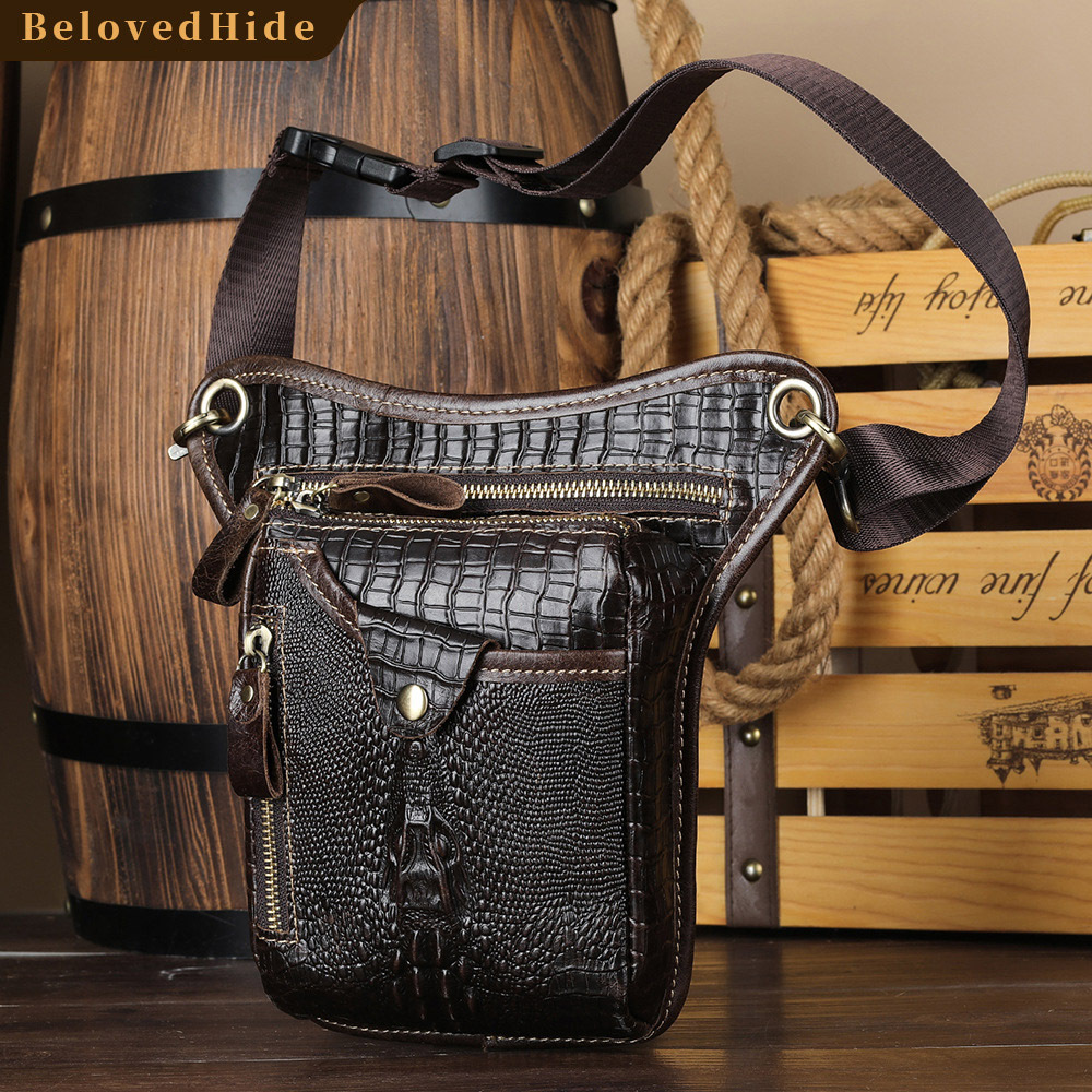Croc-Embossed Leather Belt Bag - Motorcycle & Outdoor Leg Pack
