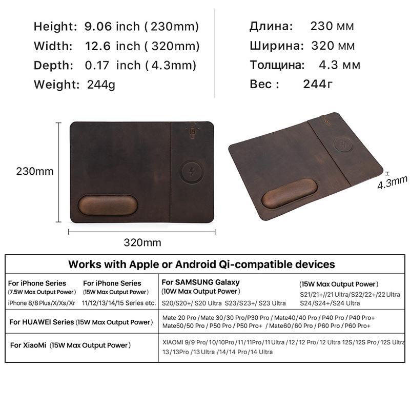 Premium Crazy Horse Leather Wedding Anniversary Gift for Him - 15W Wireless Charging 3D Leather Mouse Pad (12.6"×9.1")