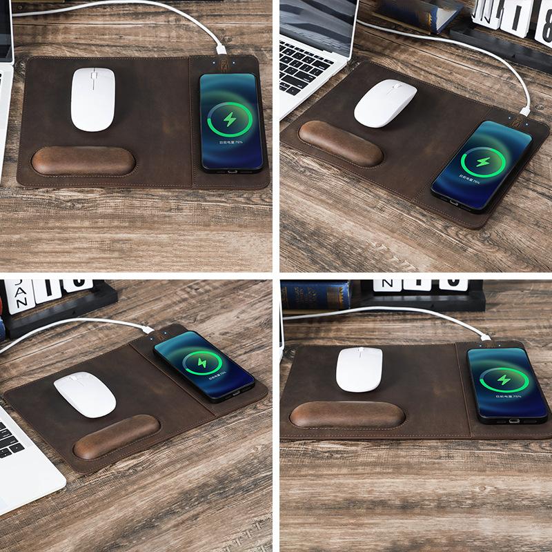 Premium Crazy Horse Leather Wedding Anniversary Gift for Him - 15W Wireless Charging 3D Leather Mouse Pad (12.6"×9.1")