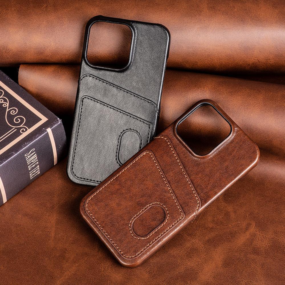 Custom Leather Card Holder iPhone 16 Case with Engraving - 3rd Anniversary Gift, Slim Dual Slot Design, PC+Leather Protective Cover