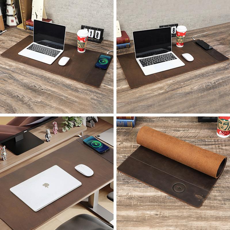 "Leather Wedding Anniversary Gifts for Him - XL Crazy Horse Leather Mouse Pad (31.5x15.7") | Waterproof Wireless Charging"