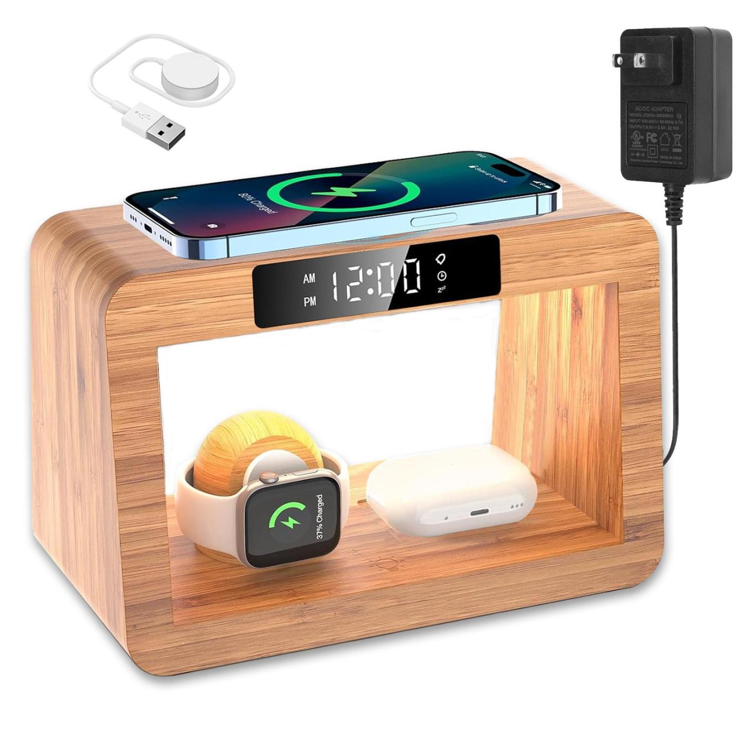 Wooden Multi-Functional Wireless Charger, Mobile Phone Stand, Desktop Digital Alarm Clock and Small Table Lamp
