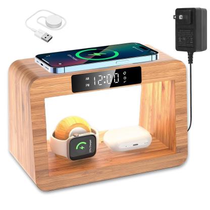 Wooden Multi-Functional Wireless Charger, Mobile Phone Stand, Desktop Digital Alarm Clock and Small Table Lamp