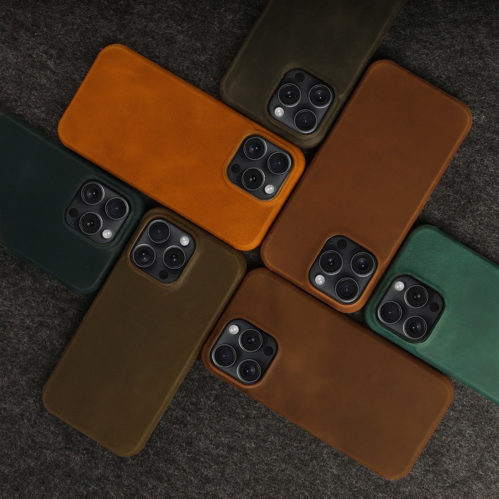 Reddish Brown Genuine Leather iPhone Case - Handmade Crazy Horse Texture for iPhone 16 Pro Max/15 Pro Max | Anti-Drop & Anti-Fingerprint