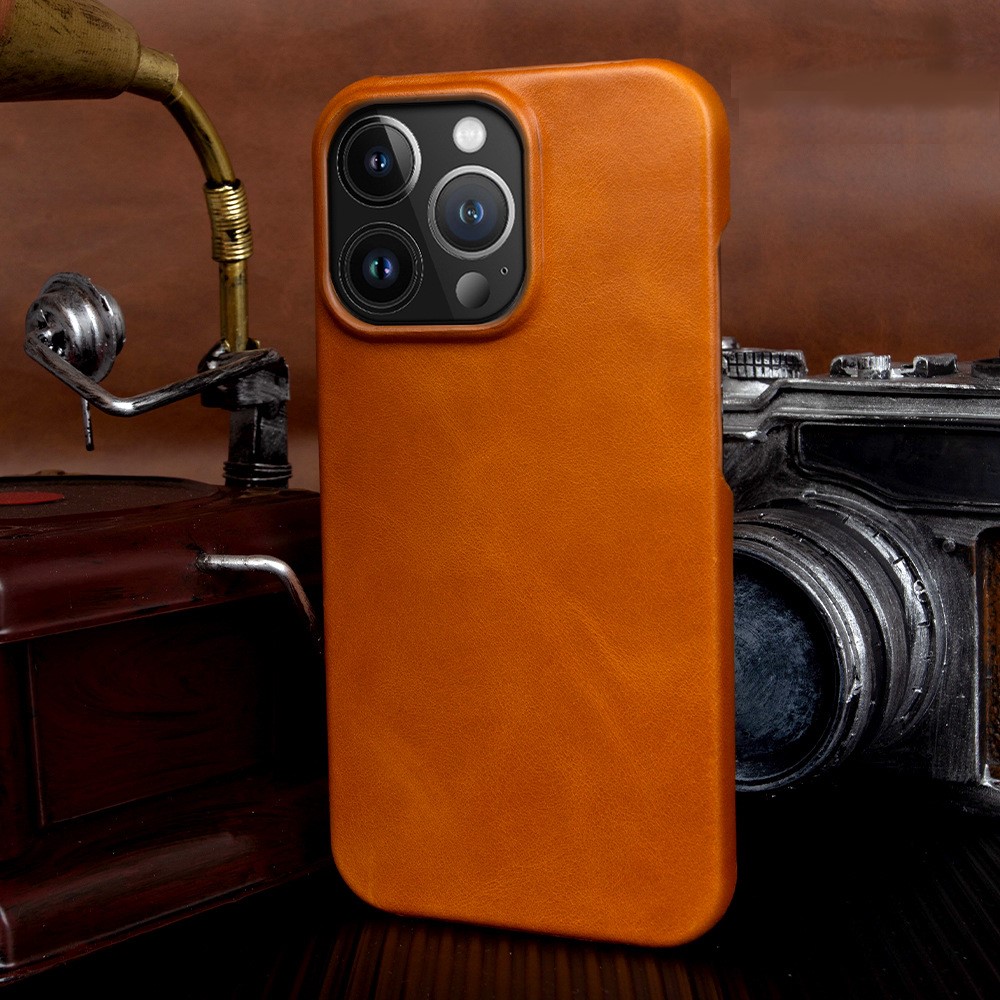 Yellow Handmade Leather iPhone Case - Full Grain Luxury Cover for iPhone 14 Pro Max/16 Pro | Anti-Fingerprint Design