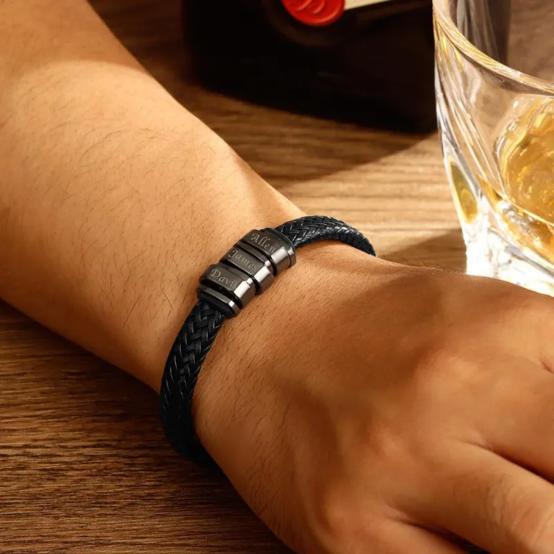 Custom Men's Leather Bracelet – Personalized 1-6 Names Engraved Braided Bracelet, Best Gift for Father and Boyfriend