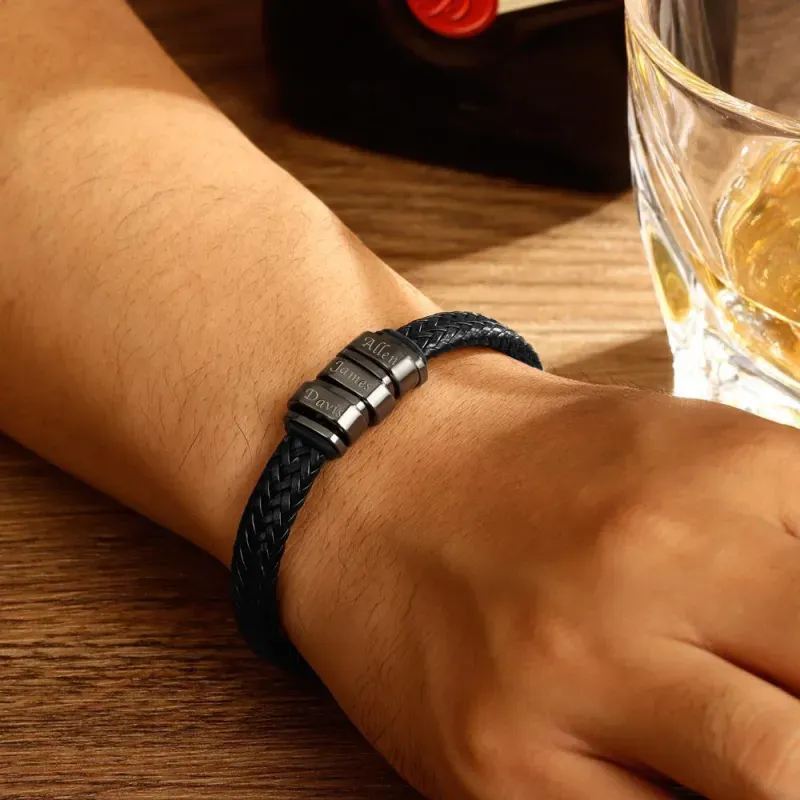 Custom Men's Leather Bracelet – Personalized 1-6 Names Engraved Braided Bracelet, Best Gift for Father and Boyfriend