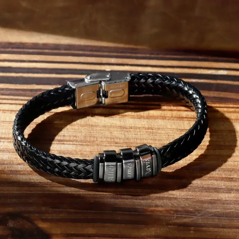 Custom Men's Leather Bracelet – Personalized 1-6 Names Engraved Braided Bracelet, Best Gift for Father and Boyfriend