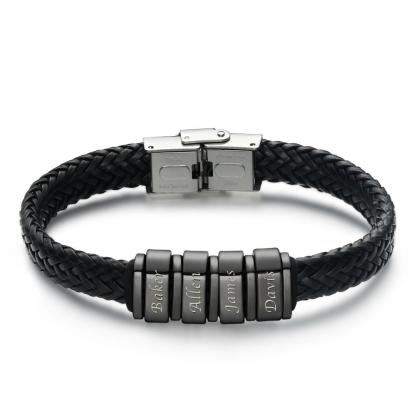 Custom Men's Leather Bracelet – Personalized 1-6 Names Engraved Braided Bracelet, Best Gift for Father and Boyfriend