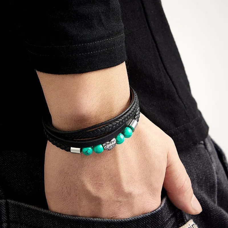 Custom Engraved Leather Bracelet, Street Hip-hop Braided Stack Leather Bracelet for Men, Unique Valentine's Day, Anniversary, Birthday Gifts