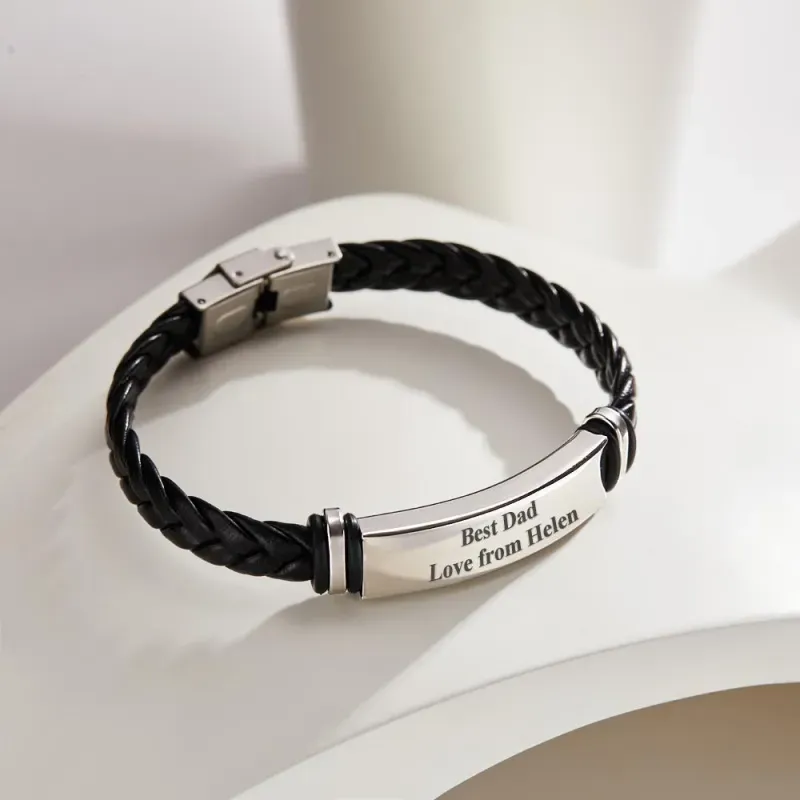 Custom Engraved Leather Bracelet for Men, Personalized Black Braided Bracelet, Best Holiday Gift for Him