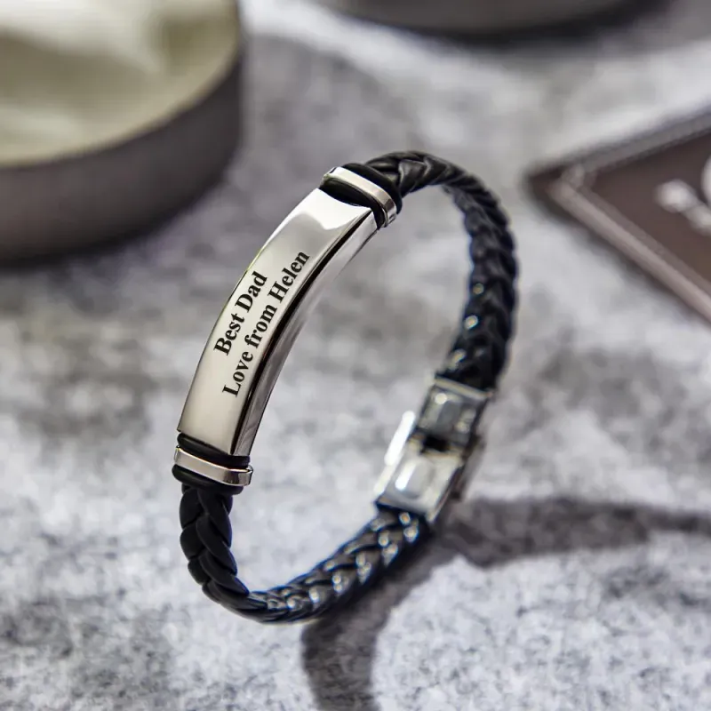 Custom Engraved Leather Bracelet for Men, Personalized Black Braided Bracelet, Best Holiday Gift for Him