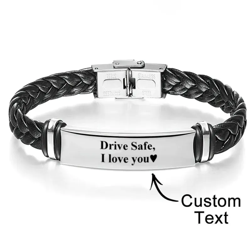 Custom Engraved Leather Bracelet for Men, Personalized Black Braided Bracelet, Best Holiday Gift for Him