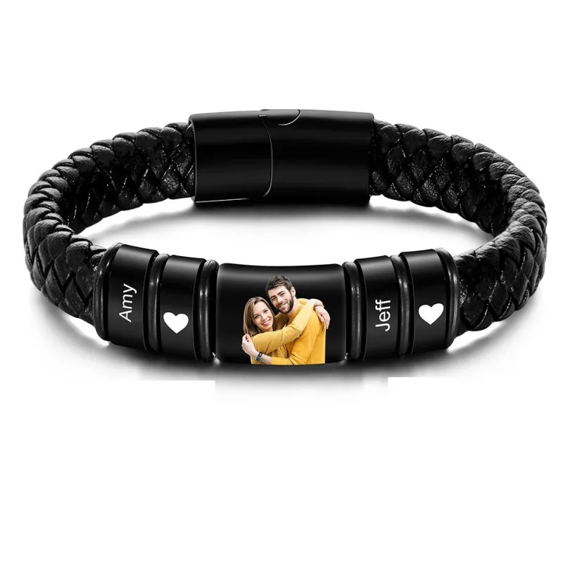 Personalized Leather Bracelet for Men - Custom Engraved & Photo Gift for Him | 3rd Anniversary Leather Gift
