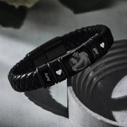Personalized Leather Bracelet for Men - Custom Engraved & Photo Gift for Him | 3rd Anniversary Leather Gift