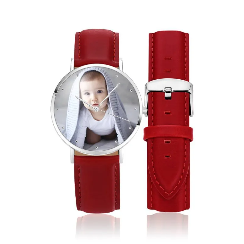 Women's Engraved Photo Watch, Red Leather Strap Watch 40mm