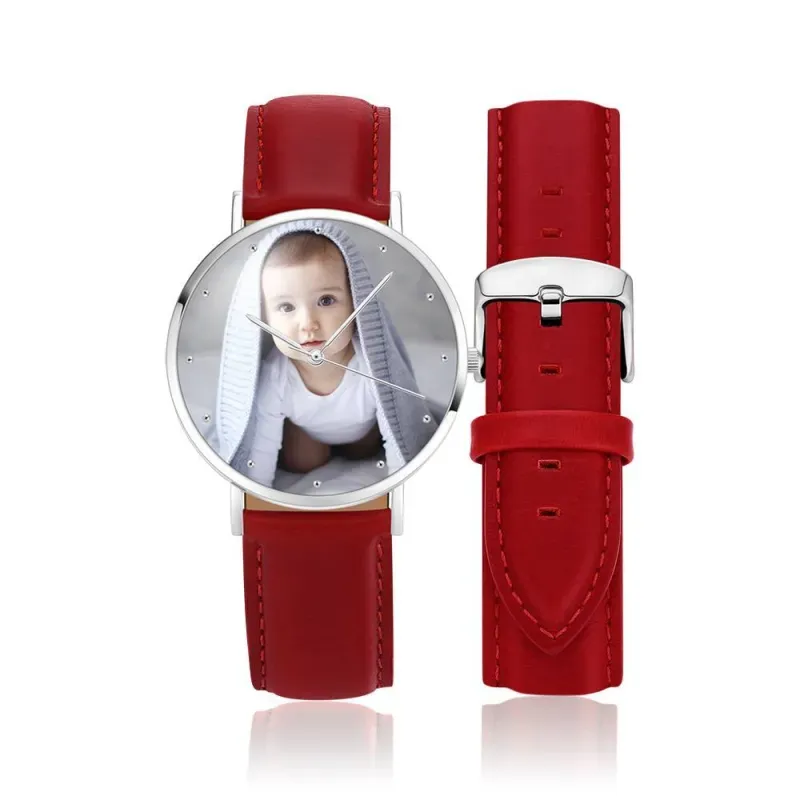 Women's Engraved Photo Watch, Red Leather Strap Watch 40mm