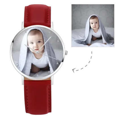 Women's Engraved Photo Watch, Red Leather Strap Watch 40mm